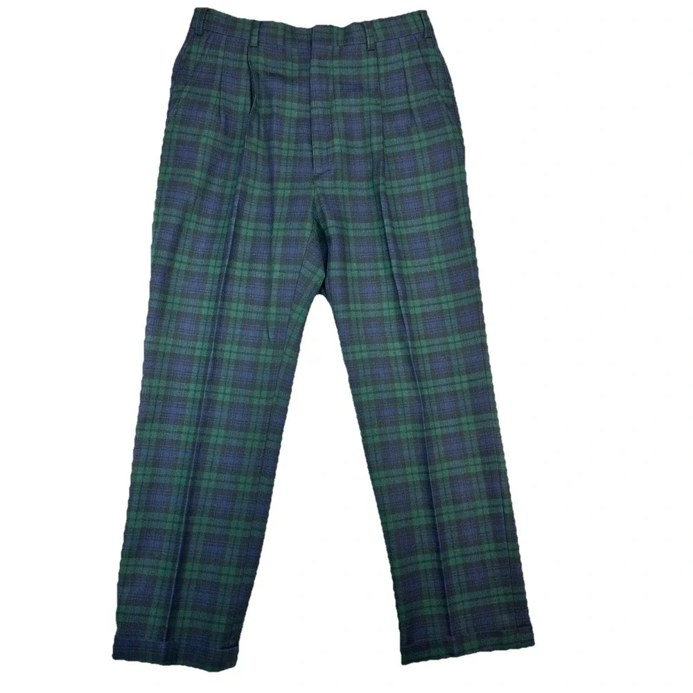 Vtg Jos A Bank Mens 32x28 Green Blue Plaid 100% Wool Dress Pleat Pants USA Made